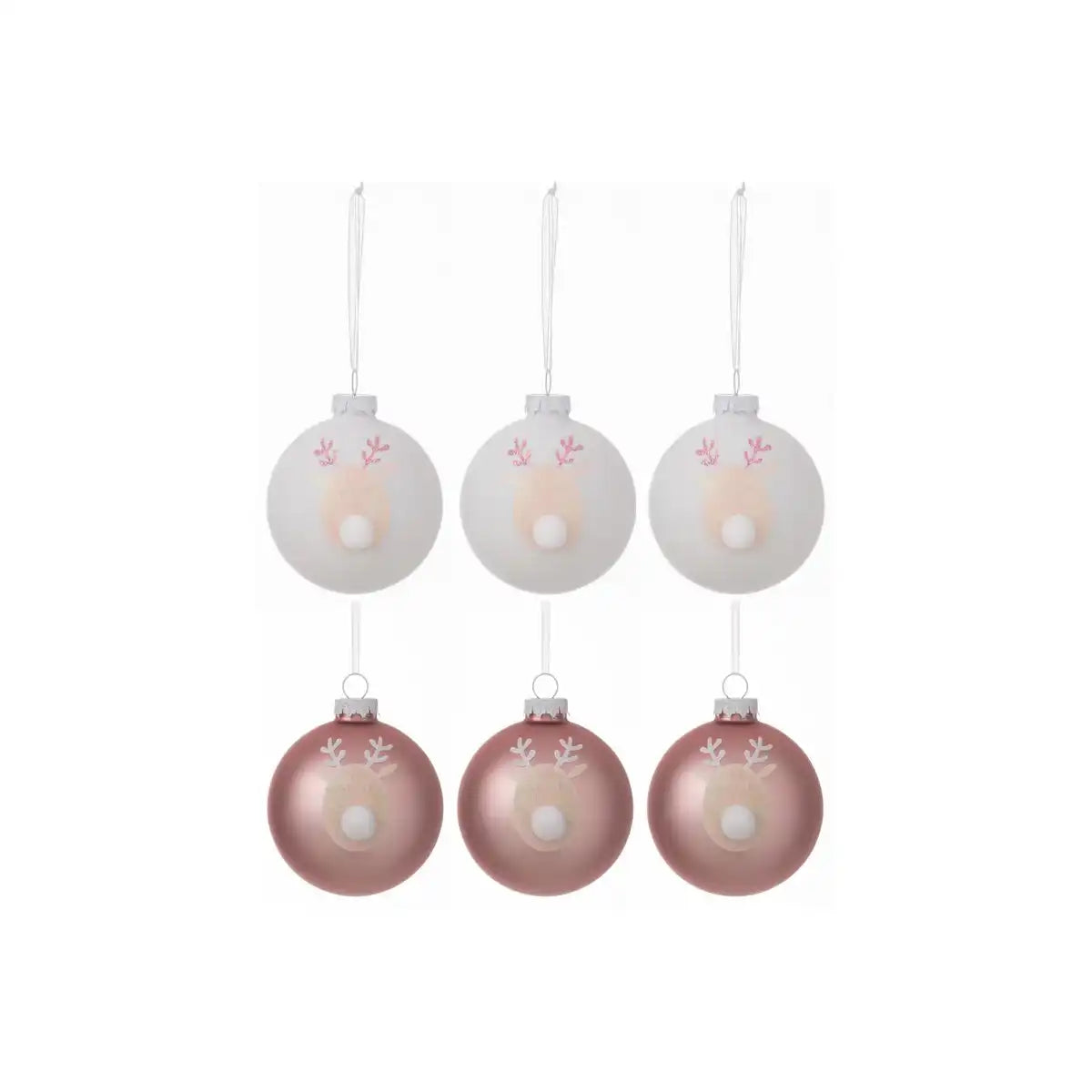 J-Line Rentier-Weihnachtskugel – Glas – hellrosa/weiß – klein – 6er-Box