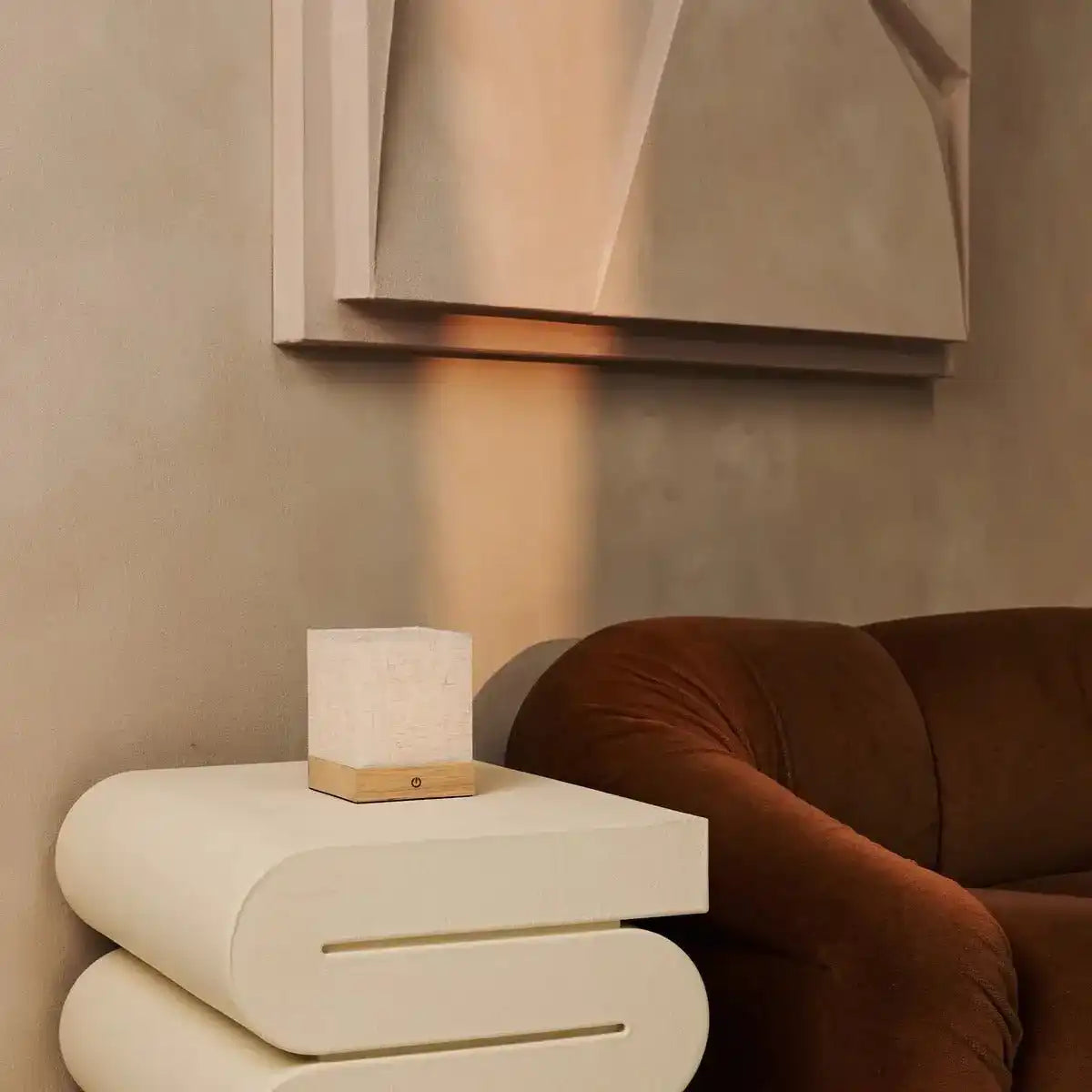 Zano hellbraune drahtlose Lampe mit Holz und Leinen - Stimmungsbeleuchtung, LED -Tischlampe mit Batterie