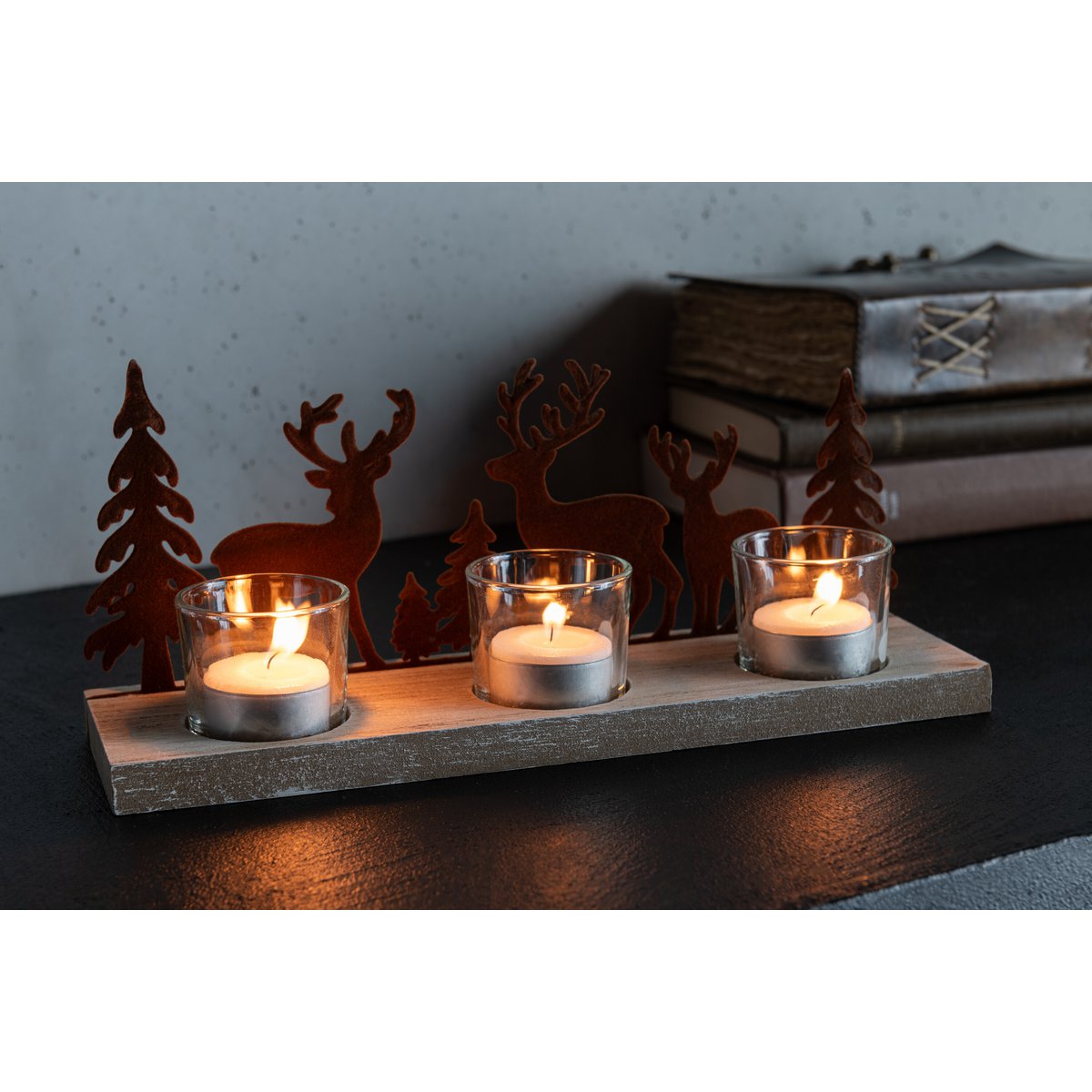 J-Line Teelichthalter 3 Stück Rentier/Bäume Metall/Holz Braun