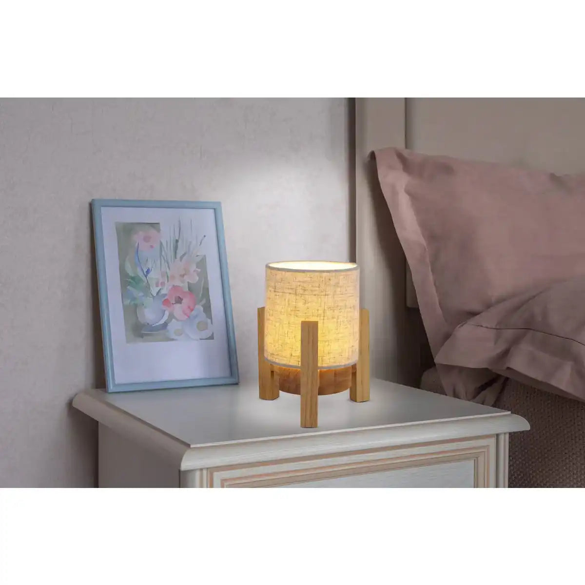 Akkutischleuchte "MADITA" 19 cm hoch, in Weiß/Natur, mit integrierter LED, dimmbar mit Berührungssensor