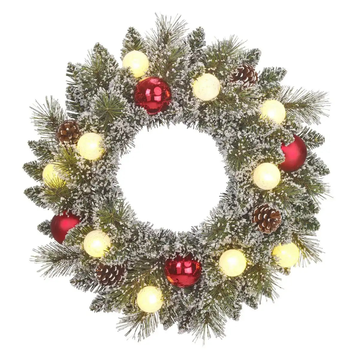 Weihnachtskranz mit warmweißer LED-Beleuchtung – Ø45 cm – Grün gefrostet, Rot