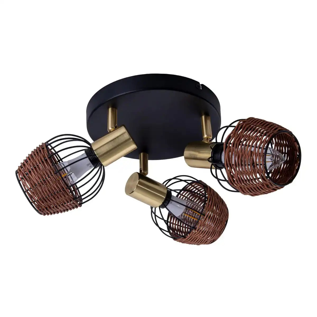 3er Deckenrondell "CORBIS", Spot aus Metall in Schwarz, mit Gold und Rattan, mit E14-Fassung, für Esszimmer, Wohnzimmer, Diele oder Büro, Beleuchtung für Wohnzimmer, Esszimmer oder Büro, 38 cm Durchmesser
