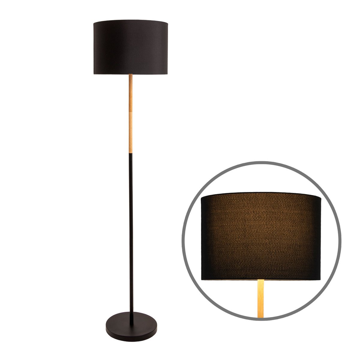 Textil-Stehleuchte "TESSILE", Stehlampe aus Metall, Gummibaumholz und Stoff in Schwarz, und Natur, E27-Fassung, 126 cm hoch