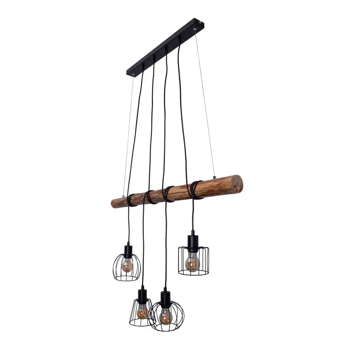 4er Pendelleuchte "WOODLAND", Hängelampe, Metall und Holz in Schwarz, und natur- E27-Fassung, für Esszimmer, Wohnzimmer, Diele oder Büro, 100 cm lang