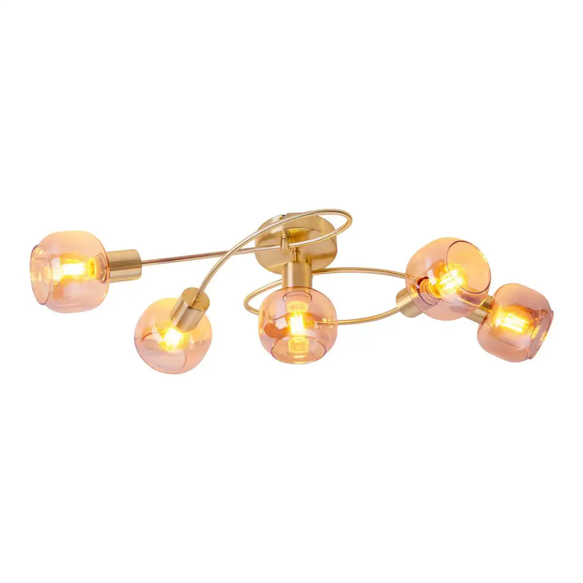5er Spot/Deckenleuchte "LIBBY" Messing, klassische Deckenlampe aus messingfarbenem Metall und getöntem Glas in Amber, mit E14-Fassung, für Esszimmer, Wohnzimmer, Diele oder Büro, 65,5 cm lang