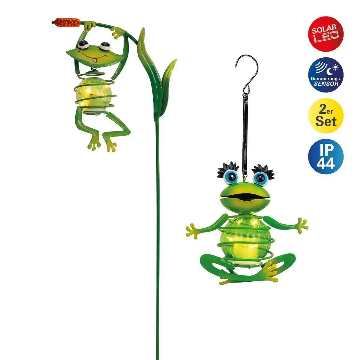 2er Set Solar-Deko-Hängeleuchte "FROSCH" ca. 20 und 66 cm hoch, aus bemaltem . Dämmerungssensor;