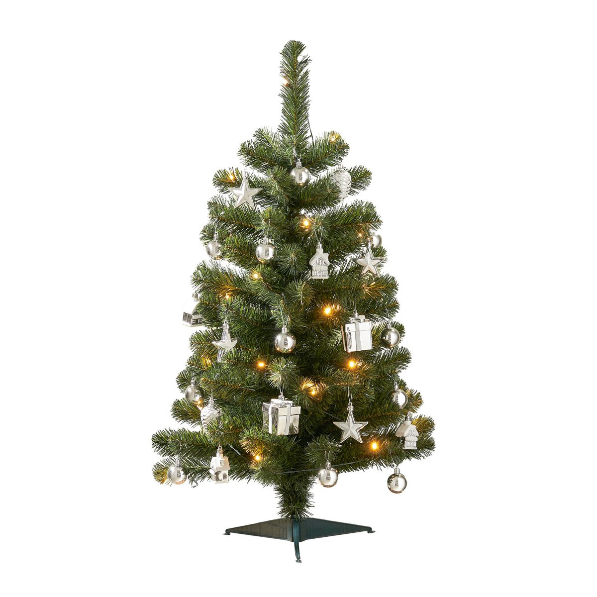 Künstlicher Weihnachtsbaum mit 26 Ornamenten und LED-Beleuchtung – H90 x Ø50 cm – Grün, Silber