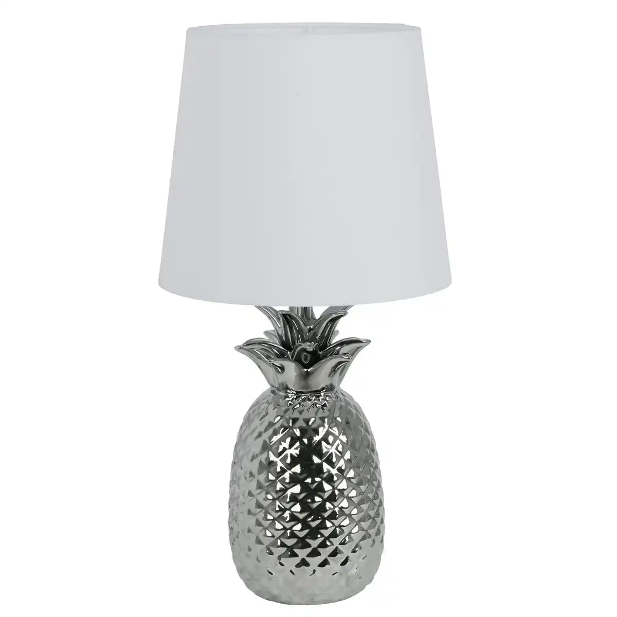 Keramik-Tischleuchte "ANANAS", Tischlampe aus Keramik mit chromfarbene Glasur und weißem Stoffschirm, mit E14-Fassung, für Esszimmer, Wohnzimmer, Diele oder Büro, 45 cm hoch