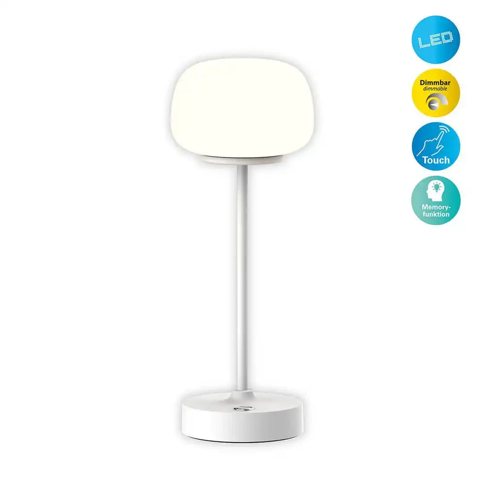 LED Akku-/ Tischleuchte "PINA" 30 cm hoch, aus Metall (weiß) und Glas (weiß), integrierte LEDs, warmweiß