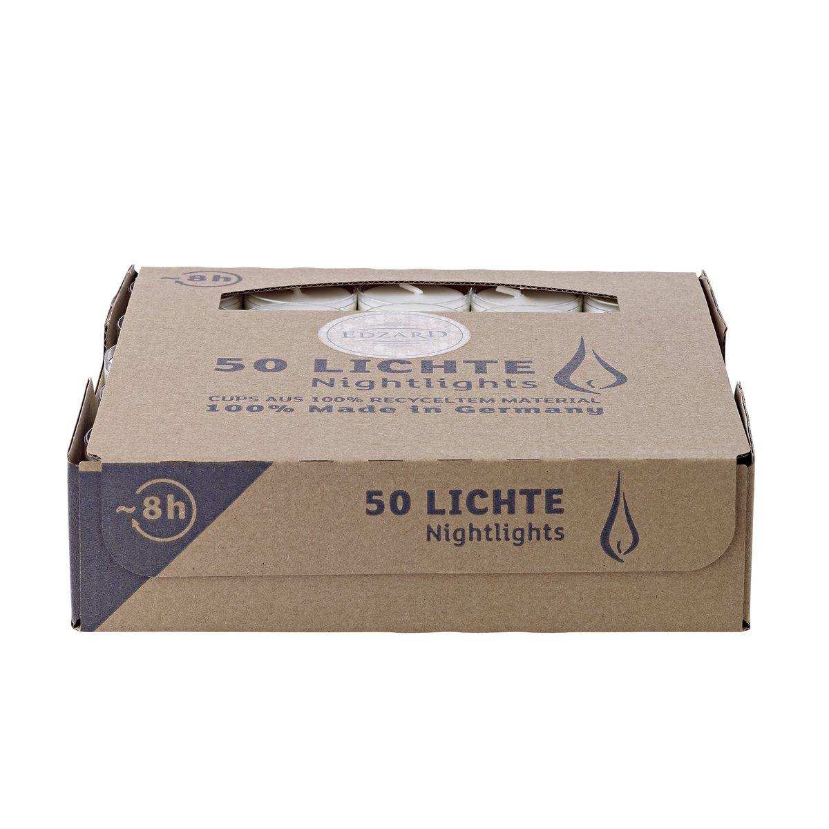 50 Stück 8 H Wenzel Nightlights Teelichtkerzen Teelichter , weiß, transparente Hülle, Brenndauer - HomeDesign Knaus