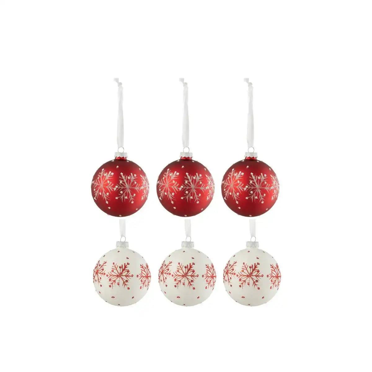 J-Line Box mit 6 Weihnachtskugeln, Schneeflocken, glitzerndem Glas, Weiß/RD, klein