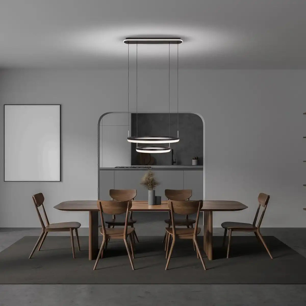 LED-CCT-Pendelleuchte "CIRCULO" aus schwarzem Metall und sandfarbenem Kunststoff, mit integrierter LED und vielen Funktionen, Ø 60 cm, 150 cm hoch.
