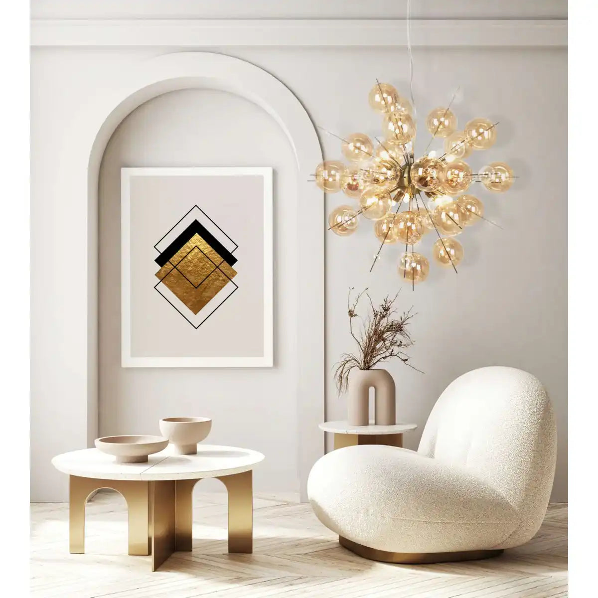 Pendelleuchte "EXPLOSION" amber aus Metall und Glas, G9 Fassungen, Hängelampe für Esszimmer, Wohnzimmer, Diele oder Büro, Hängelampe Øca. 65 cm