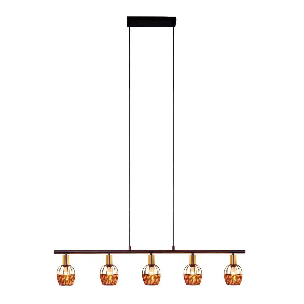 5er Pendelleuchte "CORBIS", Hängelampe aus Metall in Schwarz, mit Gold und Rattan, mit E14-Fassung, für Esszimmer, Wohnzimmer, Diele oder Büro, 100 cm lang
