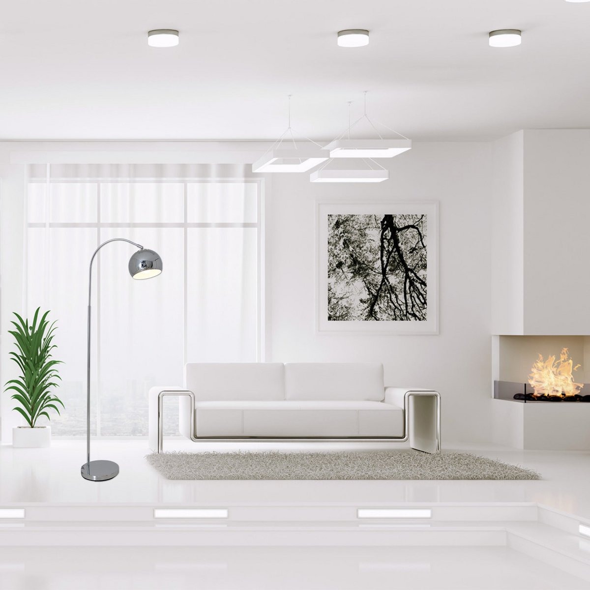 Stehleuchte "STYLE", Retro Klassiker Stehlampe mit Bogen aus chromfarbenem Metall mit, E27-Fassung, 146 cm hoch, ideal für Esszimmer, Wohnzimmer und Büro.