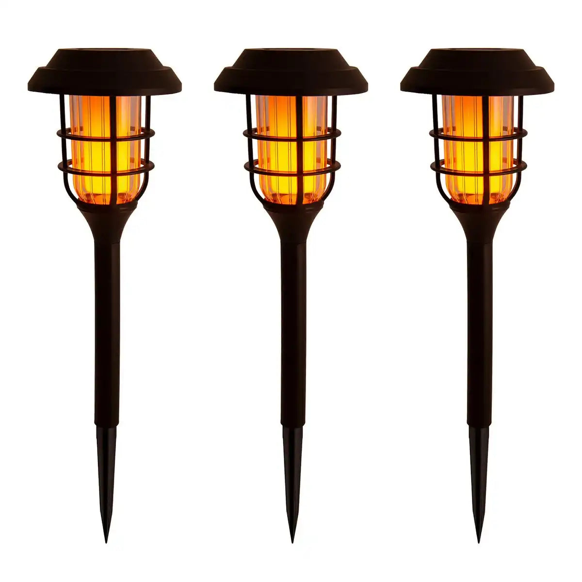 3er-Set LED-Outdoor-Erdspieß 34 cm hoch, Erdspieß aus schwarzem Kunststoff mit integrierter LED, Solarleuchte für Außen