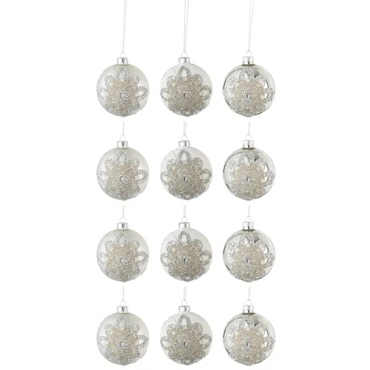 J-Line Box mit 12 Weihnachtskugeln 4+4+4 Ornamentperlen Glas Mattweiß/Mattsilber/Glänzendes Silber klein