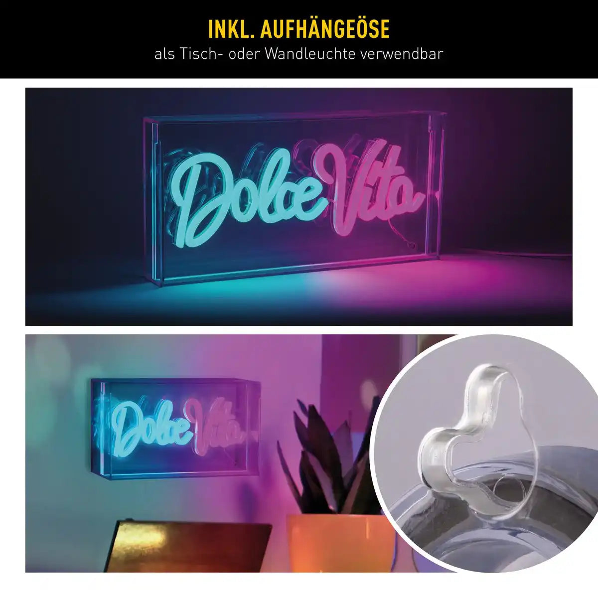 LED Schriftleuchte "Dolce Vita" Deko für Innen 30 x 15 cm, in blau und magenta-rot