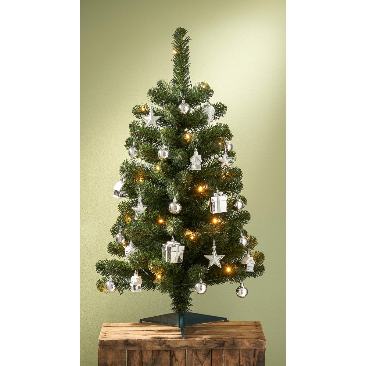 Künstlicher Weihnachtsbaum mit 26 Ornamenten und LED-Beleuchtung – H90 x Ø50 cm – Grün, Silber