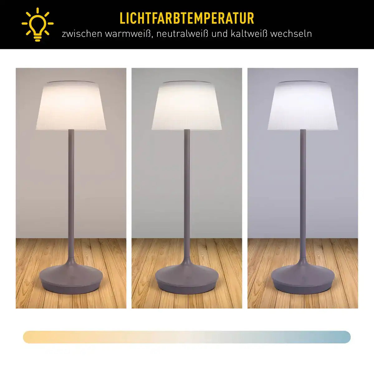 Solar-Akkutischleuchte "EMMI" 38 cm hoch, Schirm Ø 13 cm, Metall in Brombeer und weißer Kunststoff, für den Außenbereich, dimmbar CCT.