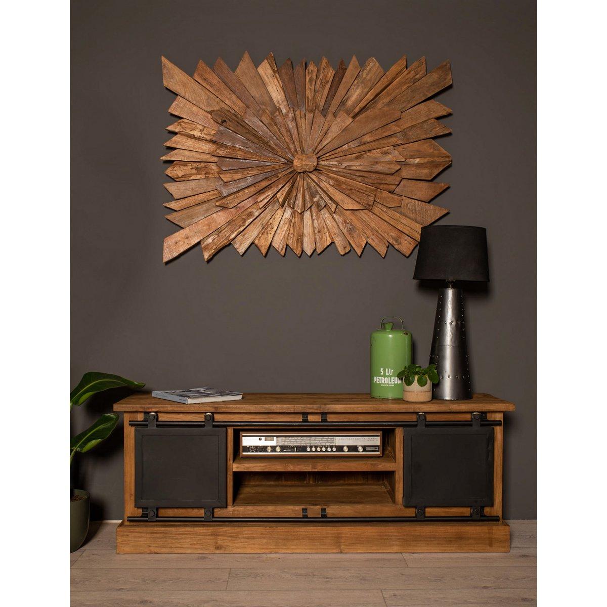 HSM Collection-TV-Möbel Blackburn, 2 Türen, 4 Schubladen, 150 x 40 x 56,5, Natur/Schwarz, Teak/Metall