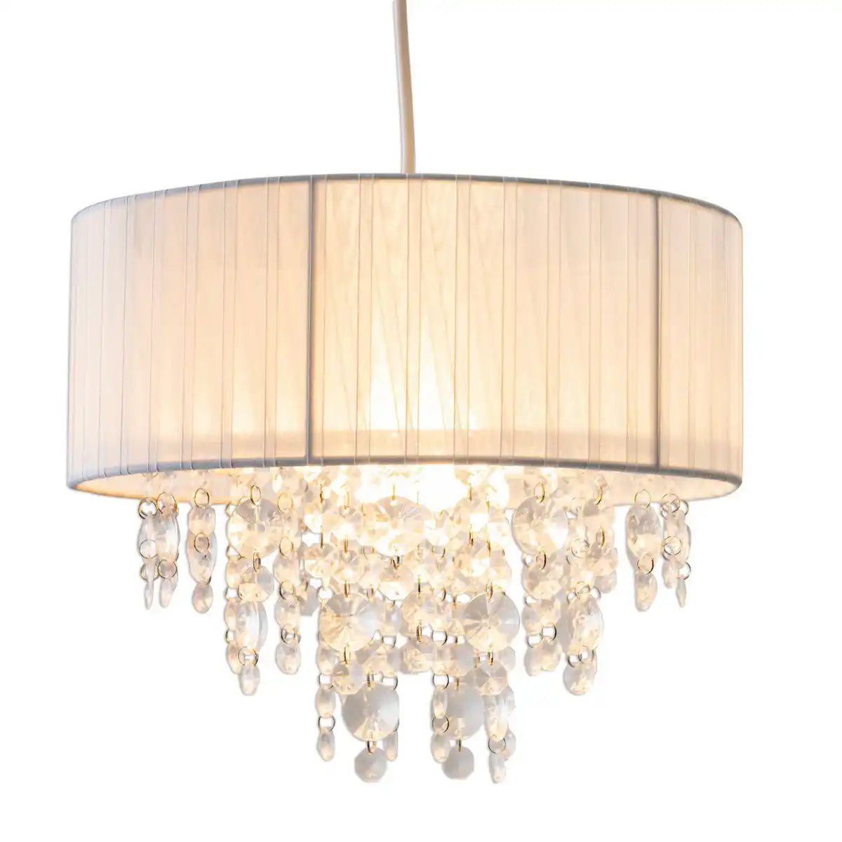 Deko-Pendelleuchte "KRISTALLO", Hängelampe aus Metall, transparentem Kunststoff und weißem Textilmaterial, E27-Fassung, für Esszimmer, Wohnzimmer, Diele oder Büro, 30 cm Durchmesser