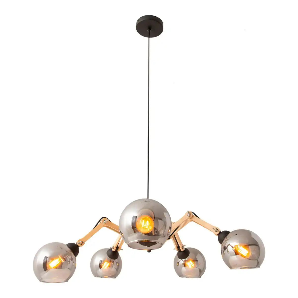 5er Glas-Pendelleuchte "SOITO" Hängelampe aus Metall, Glas und Gummibaumholz, mit E14-Fassung, für Esszimmer, Wohnzimmer, Diele oder Büro, 80 cm Durchmesser