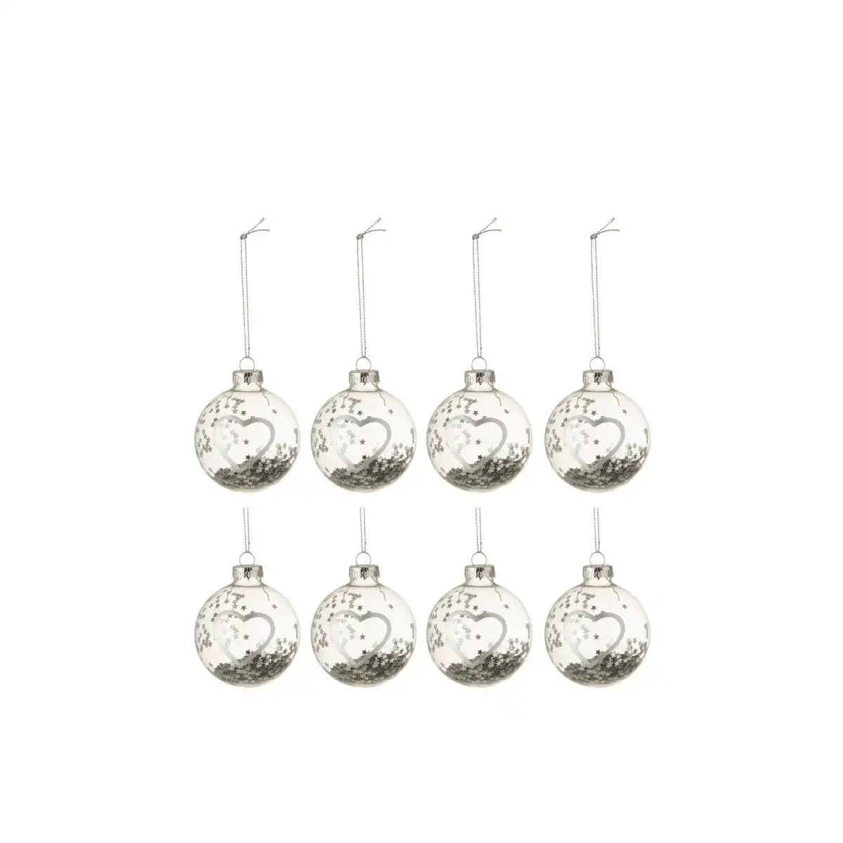 J-Line Box mit 8 Weihnachtskugeln, Herz, glasfertig, Silber, klein