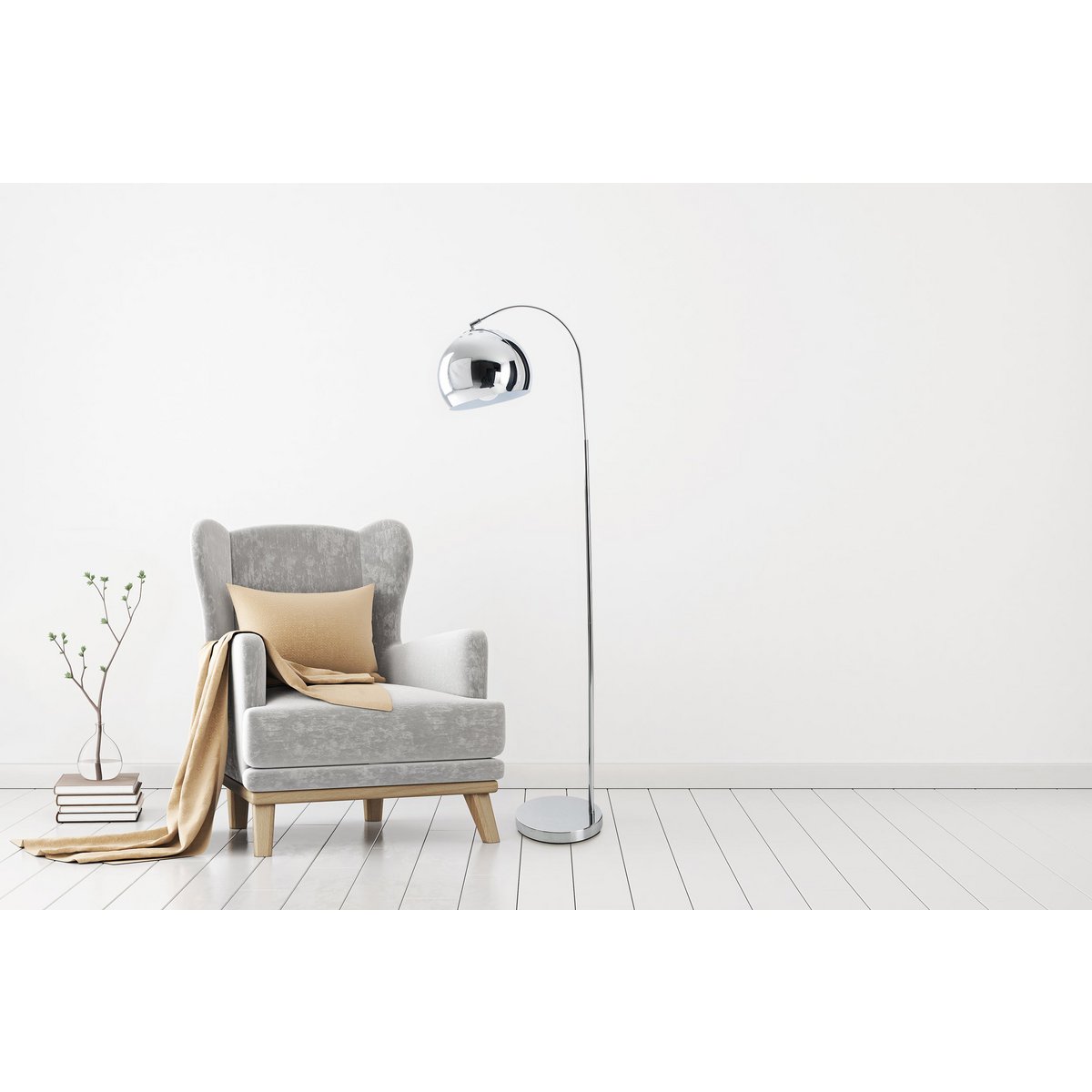 Stehleuchte "STYLE", Retro Klassiker Stehlampe mit Bogen aus chromfarbenem Metall mit, E27-Fassung, 146 cm hoch, ideal für Esszimmer, Wohnzimmer und Büro.