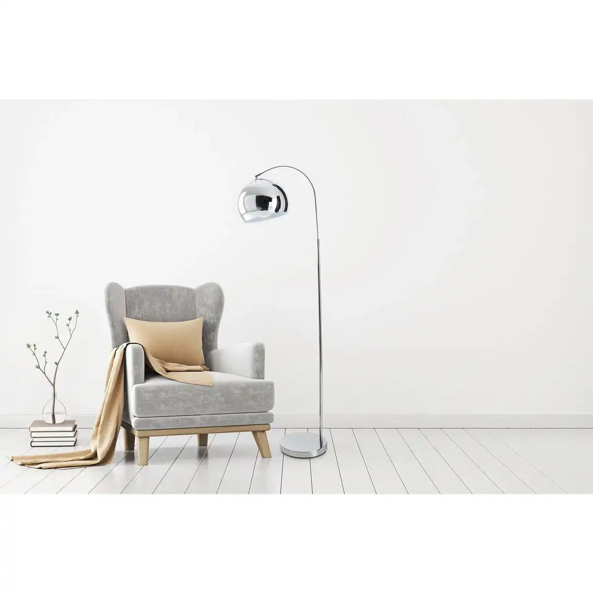 Stehleuchte "STYLE", Retro Klassiker Stehlampe mit Bogen aus chromfarbenem Metall mit, E27-Fassung, 146 cm hoch, ideal für Esszimmer, Wohnzimmer und Büro.