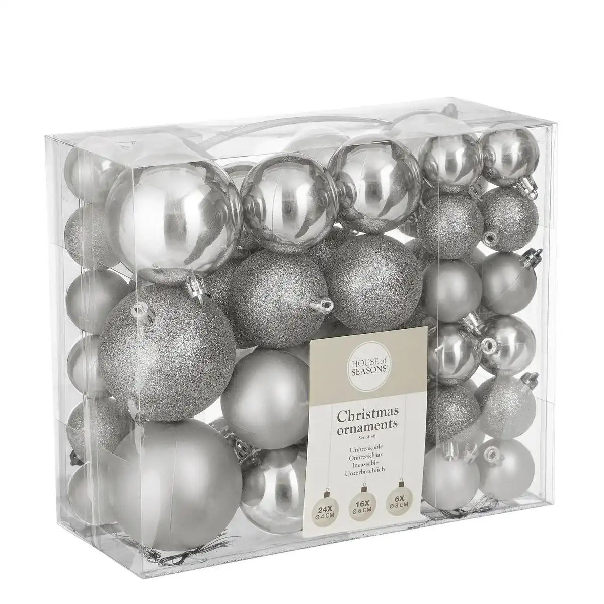 Set Weihnachtskugeln aus Kunststoff - 46 Stück - Ø4/6/8 cm - Silber