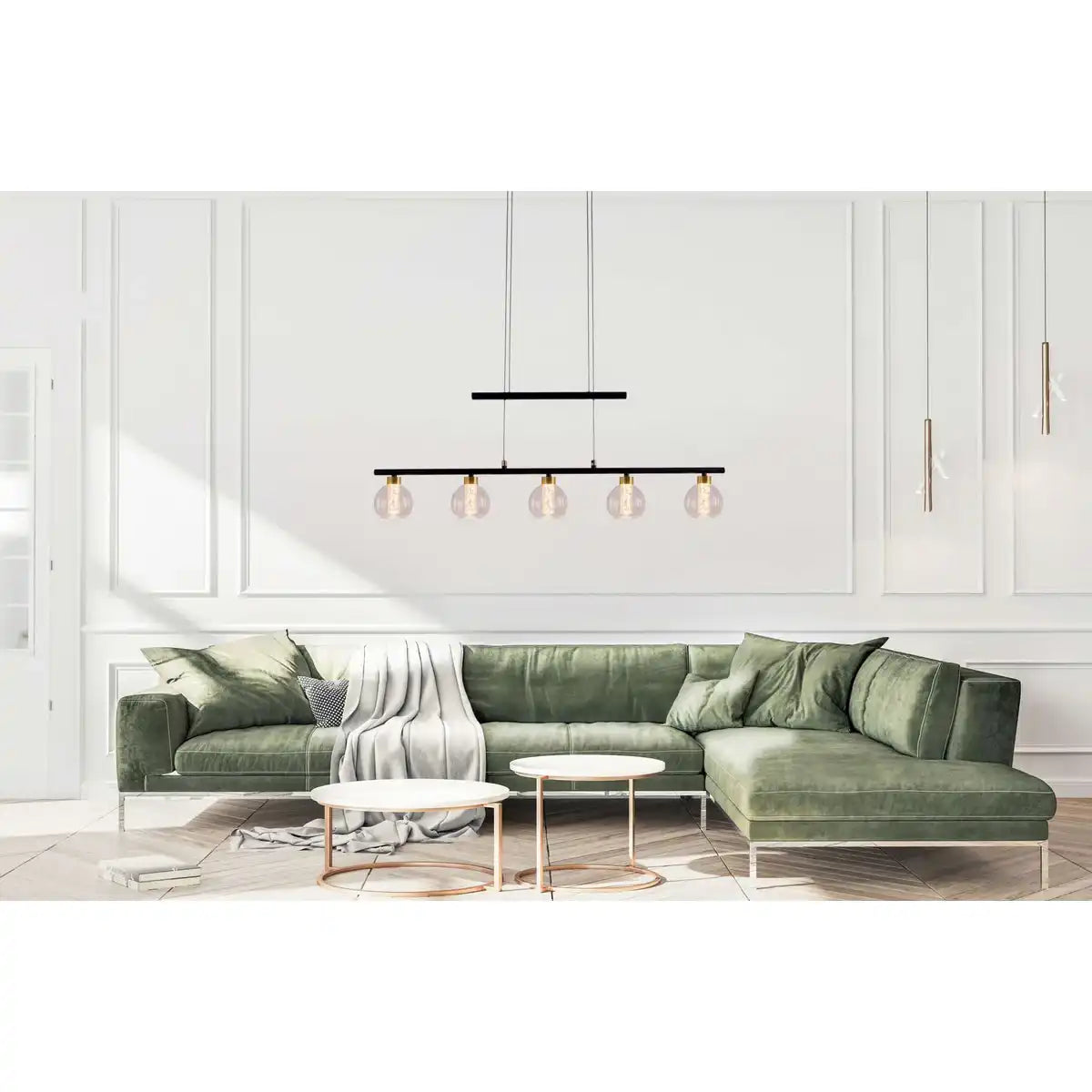 LED Glas-Pendelleuchte "BRASS" schwarz, klassisch, Hängelampe aus schwarzem Metall und Glas, mit fest verbauten LEDs, Beleuchtung für Wohnzimmer, Esszimmer oder Büro, 90 cm lang