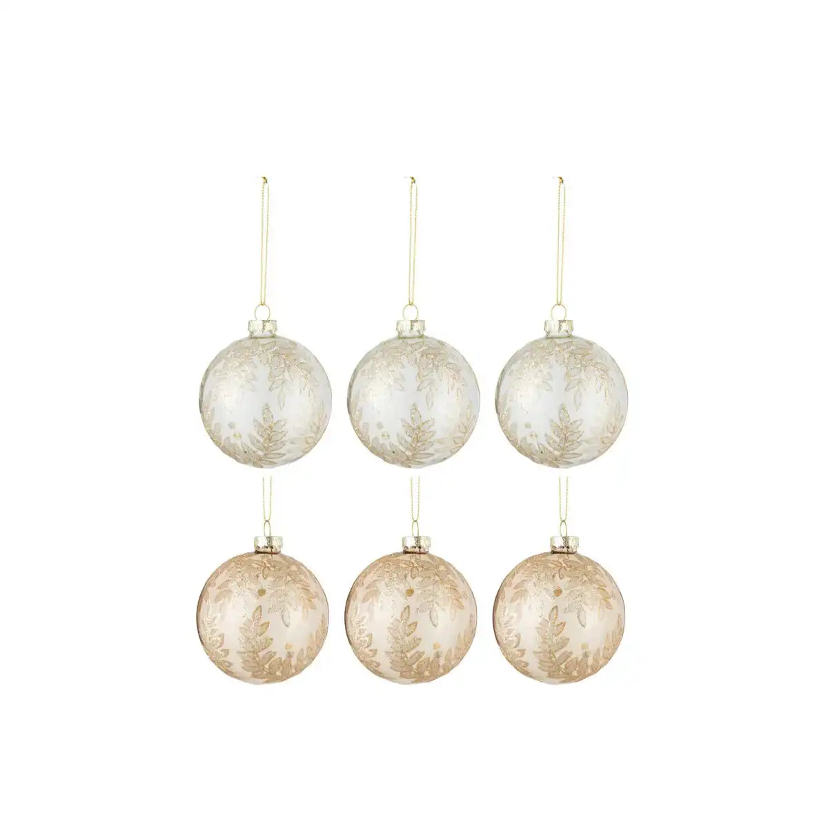 J-Line Box mit 6 Weihnachtskugeln 3+3 Blätter, Glas, transparent, Beige/Gold, klein