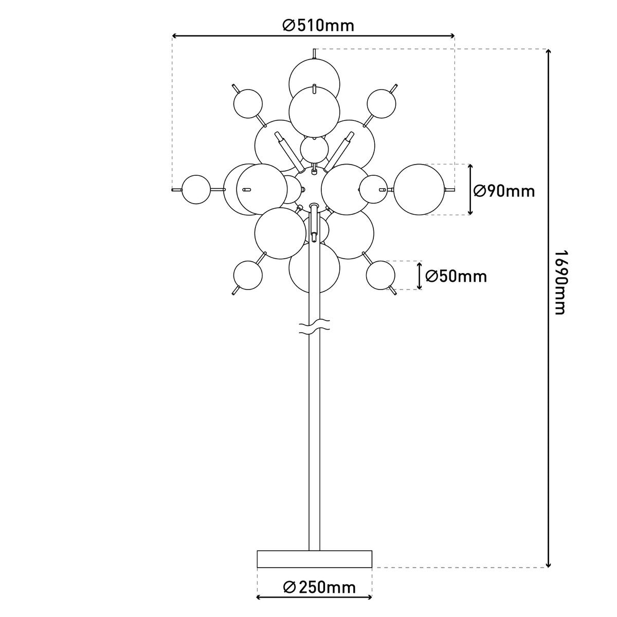 Stehleuchte "EXPLOSION" in chrom, Stehlampe aus Metall und Glas, Chrome, G9, Stehlampe 169 cm hoch