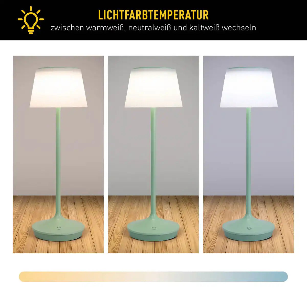 Solar-Akkutischleuchte "EMMI" 38 cm hoch, Schirm Ø 13 cm, Metall in Mint und weißer Kunststoff, für den Außenbereich, dimmbar CCT.