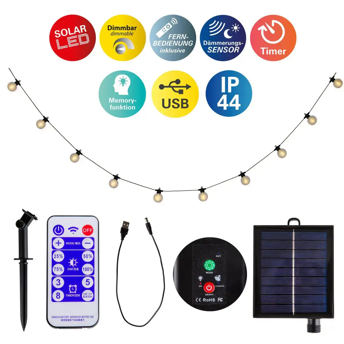 Solar-10er Lichterkette WW "CADENA" 1000 cm lang, viele Funktionen
