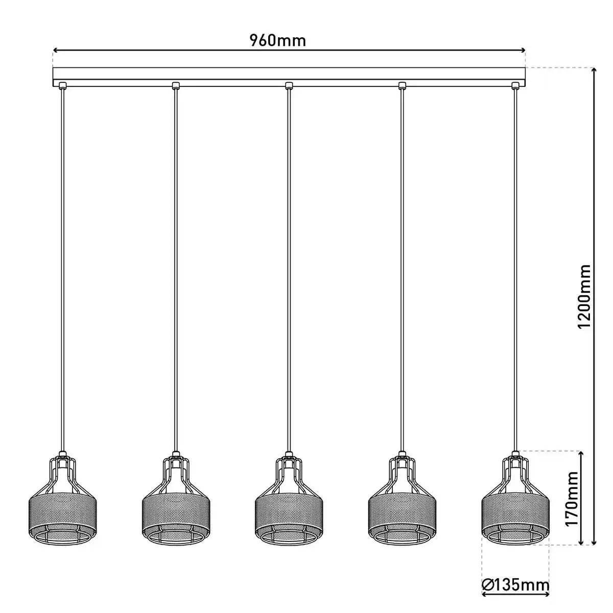 5er Pendelleuchte "FORO" Retro Pendellampe aus Metall in Schwarz, und Gold mit E27-Fassungen, 96 cm lang. Stilvolle Beleuchtung für Wohnzimmer, Esszimmer oder Küche.