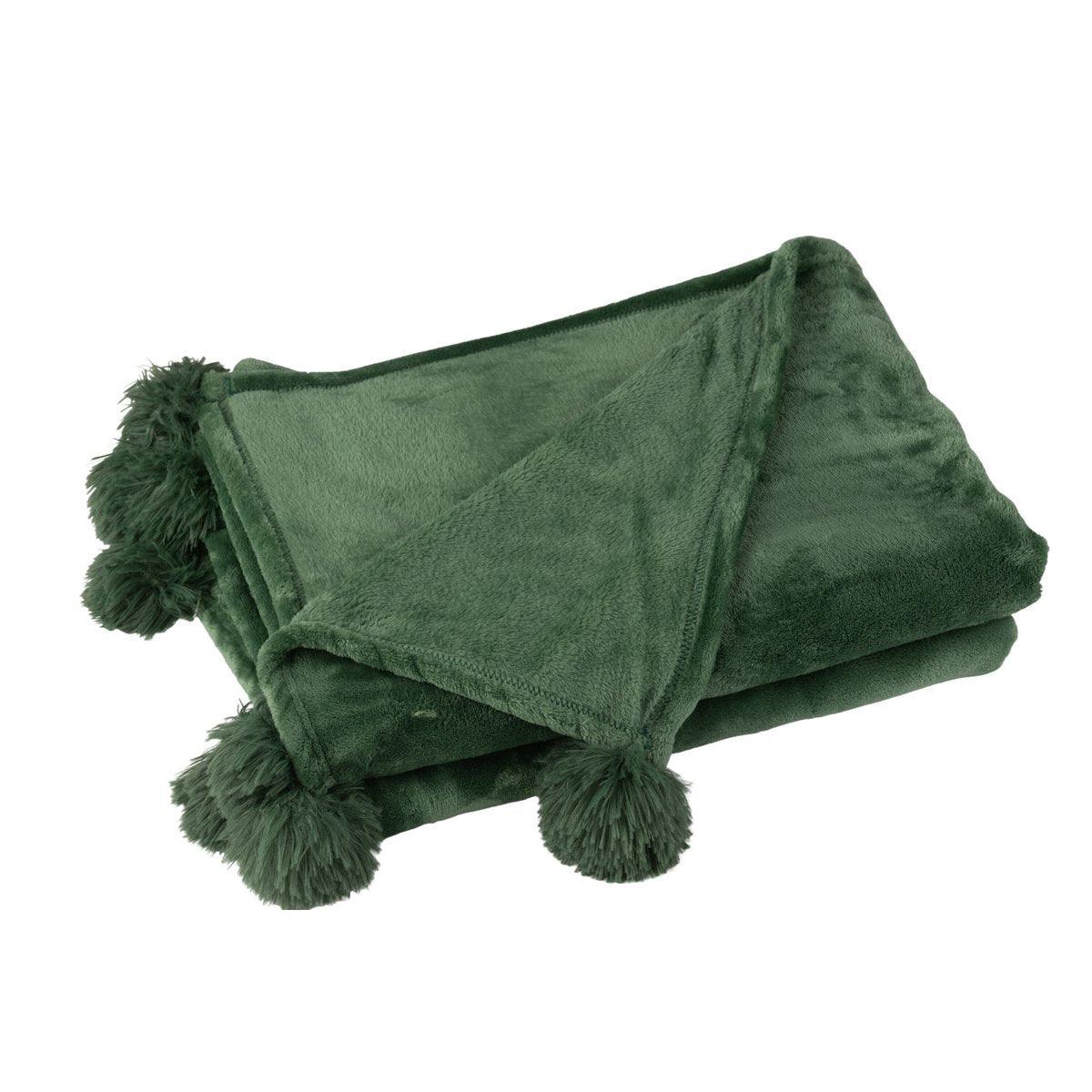 J-Line Plaid Pompom – Polyester – dunkelgrün – 170 x 130 cm