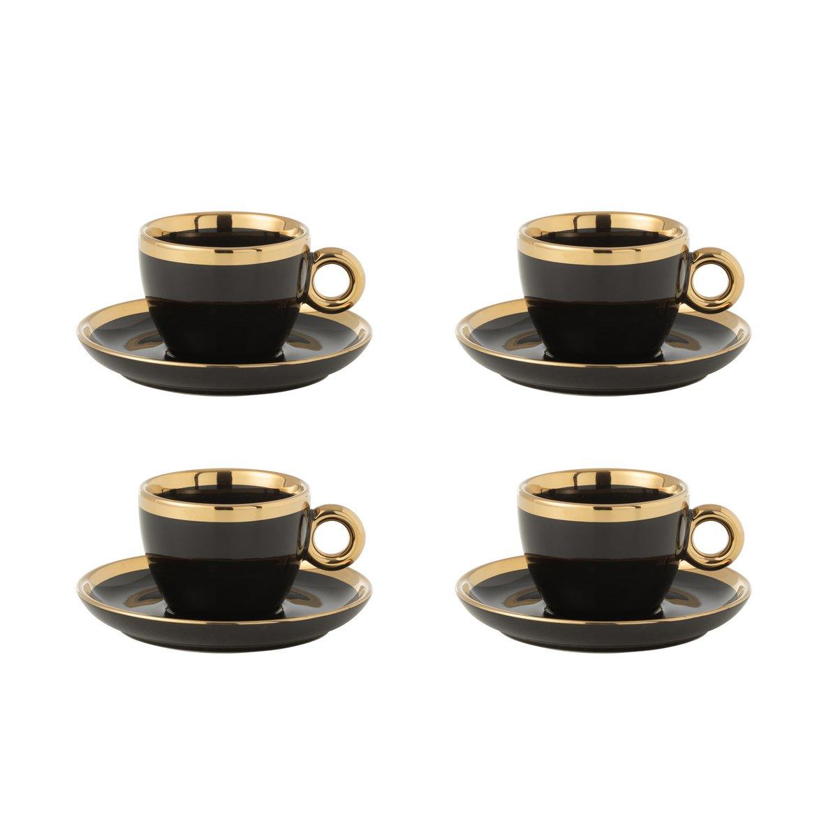 J-Line Box mit 4 Tassen + Untertasse, Keramik, Schwarz/Gold