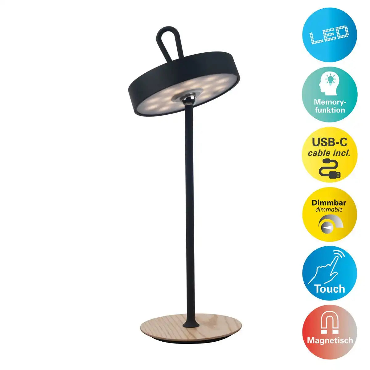 LED-Akku-Tischleuchte magnetisch für Außen und Innen, aus Metall und Kunststoff in Schwarz , 36 cm hoch