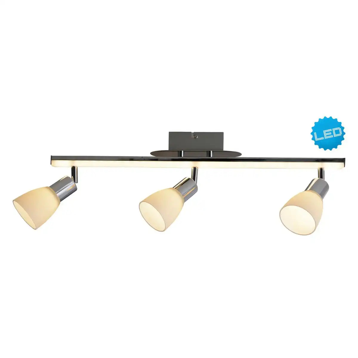 3-er LED Deckenleuchte "IBIZA" ca. 60,5 cm lang, chromfarbenes Metall, satiniertes, opalfarbenes Glas, integrierte LEDs, warmweiß