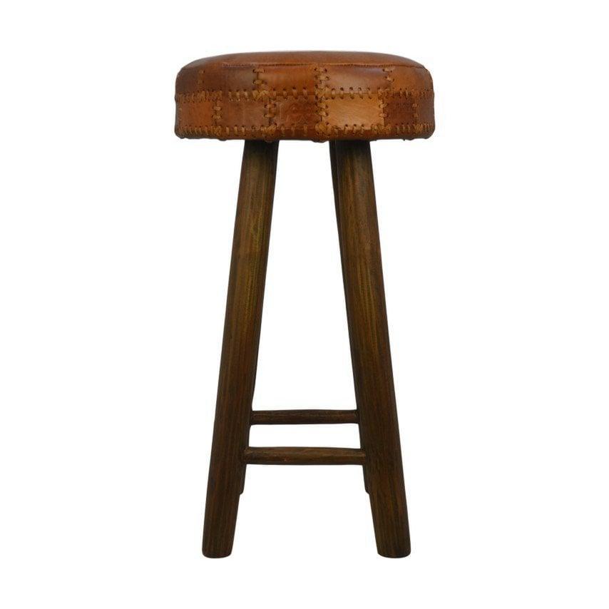 HSM Collection-Runder Barstuhl Patchwork-40x40x75-Cognac/Braun-Leder/Teak
