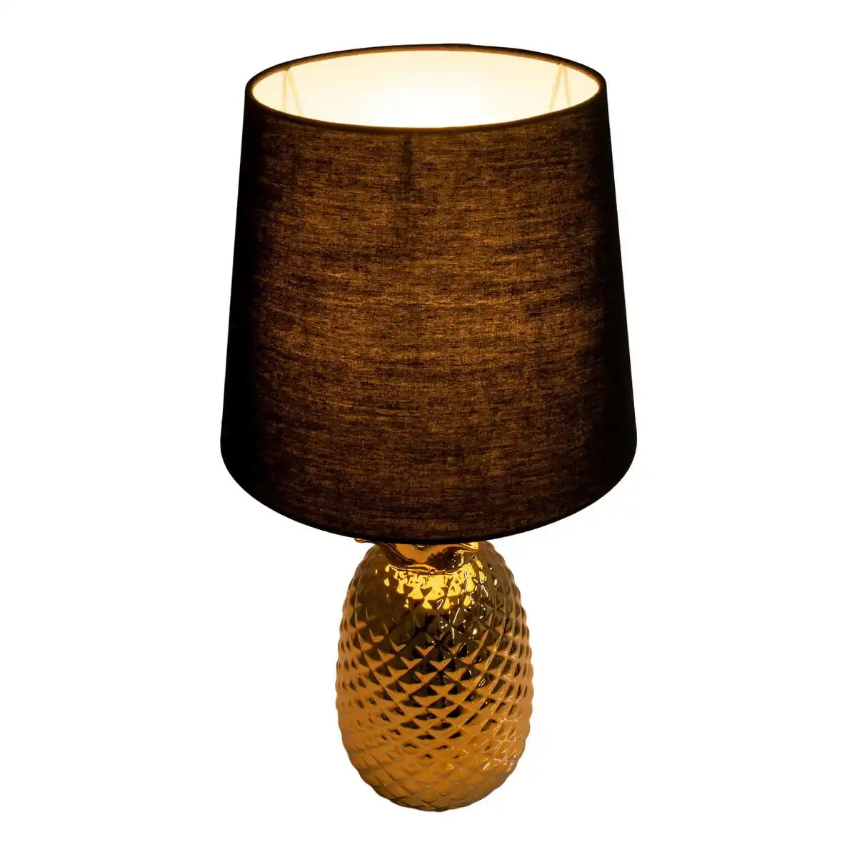 Keramik-Tischleuchte "ANANAS", Tischlampe aus Keramik mit goldfarbener Glasur und schwarzem Stoffschirm, mit E14-Fassung, für Esszimmer, Wohnzimmer, Diele oder Büro, Tischleuchte 45 cm hoch