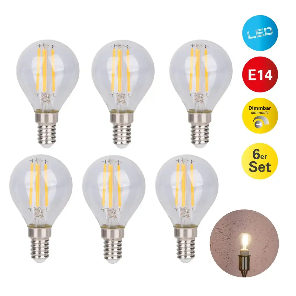 6er-Set LED Filament-Leuchtmittel mit E14-Fassung 4 Watt, aus Metall und Glas, klar