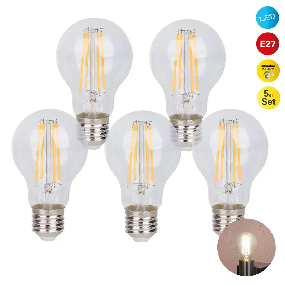 6er-Set LED Filament-Leuchtmittel mit E14-Fassung 8 Watt, aus Metall und Glas, klar