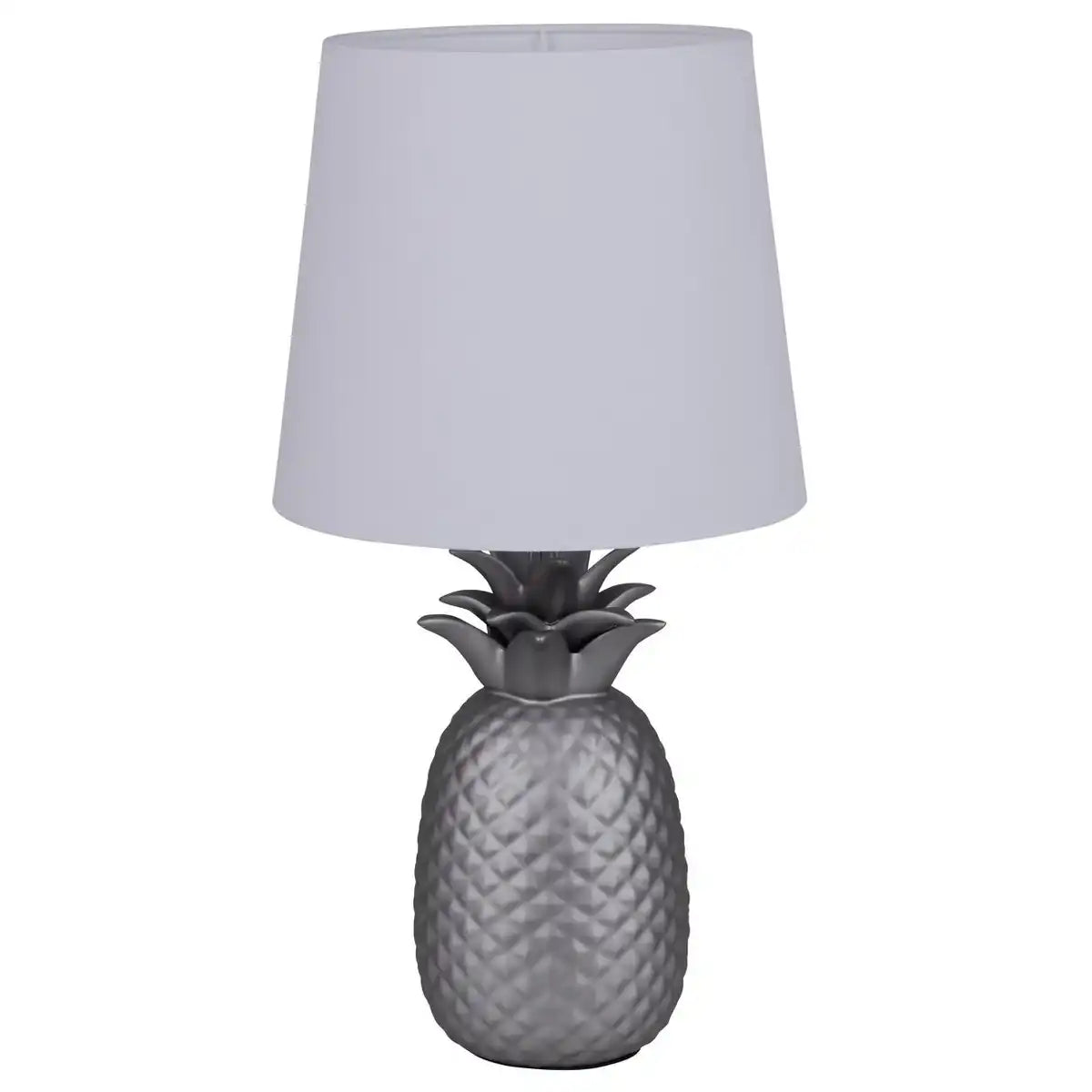 Keramik-Tischleuchte "ANANAS", Tischlampe aus Keramik mit silbermattfarbene Glasur und weißem Stoffschirm, mit E14-Fassung, für Esszimmer, Wohnzimmer, Diele oder Büro, Tischleuchte 45 cm hoch