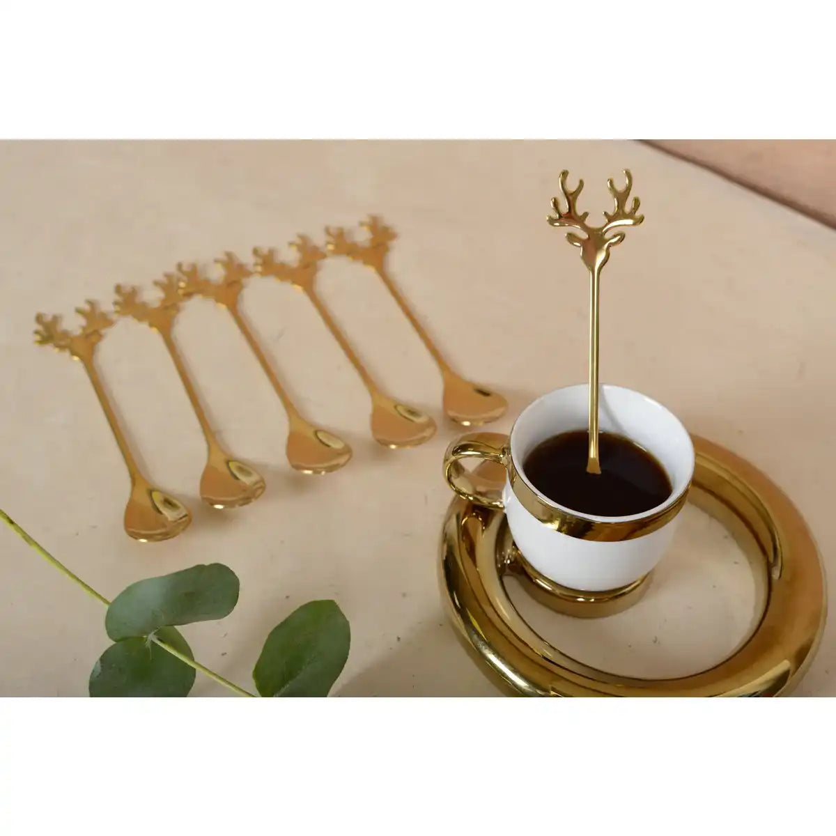 6er Set Aulica – Goldene Teelöffel mit Hirschgriff - HomeDesign Knaus