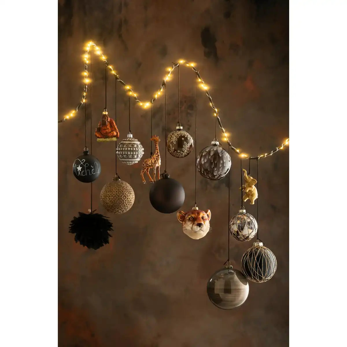 J-Line Schachtel mit 6 Weihnachtskugeln Giraffe Glass Brown Mix