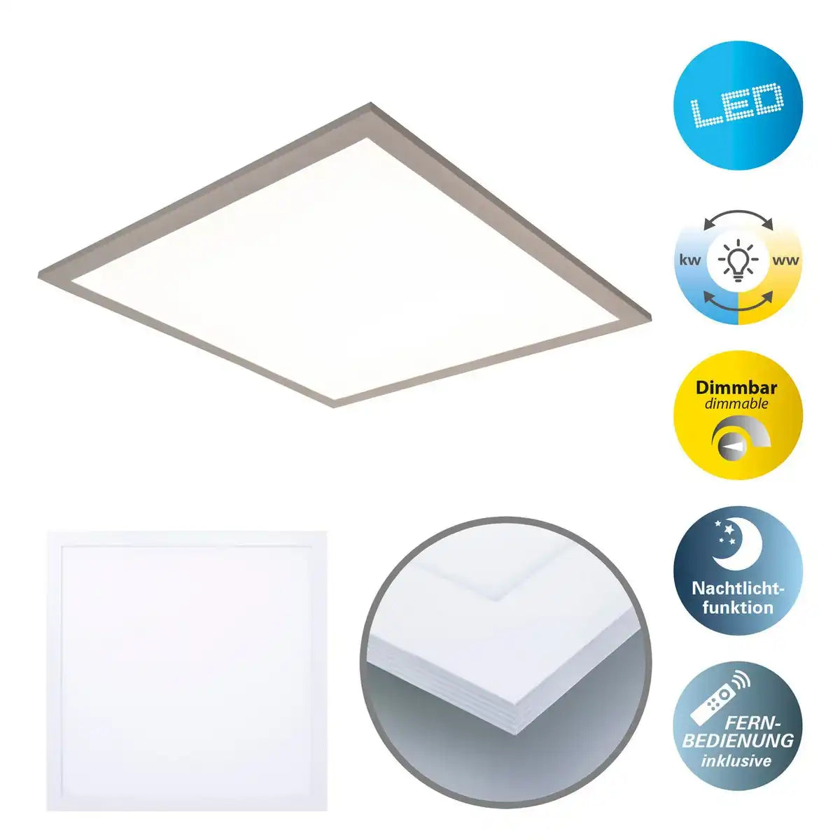 LED Panel-Deckenleuchte "NICO", funktionelle Deckenleuchte aus Metall und Kunststoff in weiß, mit festverbauten LED und vielen Funktionen, ideal für Büro, Praxis oder Werkstatt, ca. 45 x 45 cm