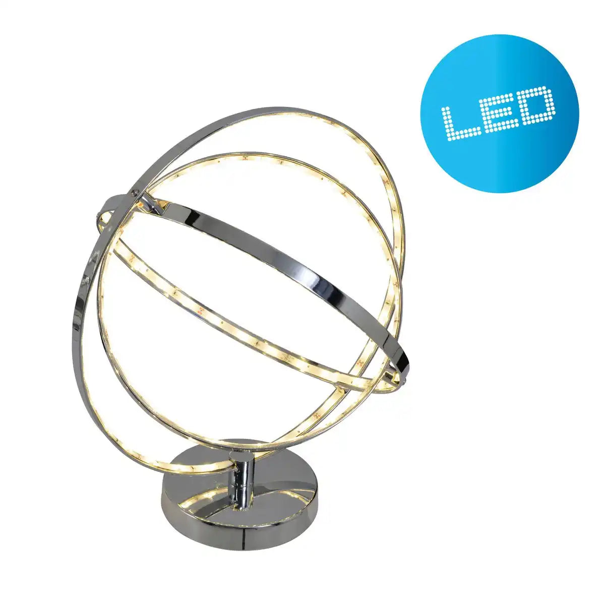 LED Tischleuchte 39 cm, chromfarbenes Metall, integrierte LEDs.